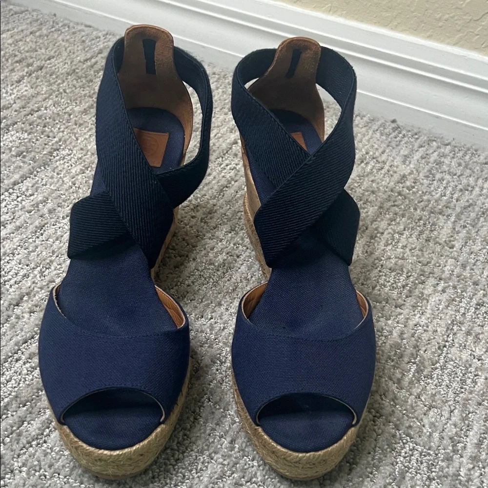 Tory Burch Natanya Wedge Espadrille Sandals Navy Blue